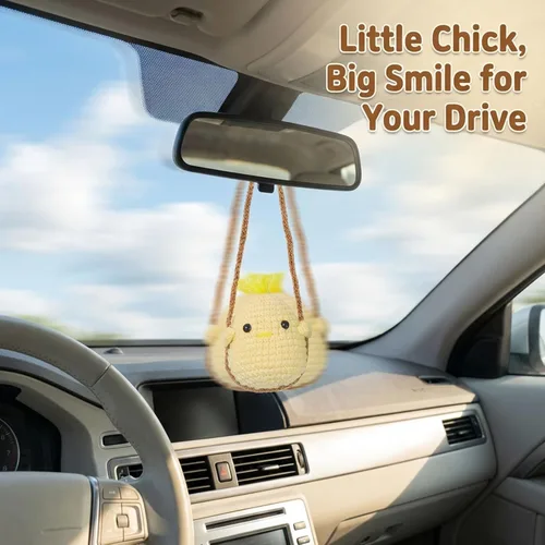 Vista 8 de Accesorios colgantes de espejo de coche con pollito - Decoración tejida a mano para espejo retrovisor, estética