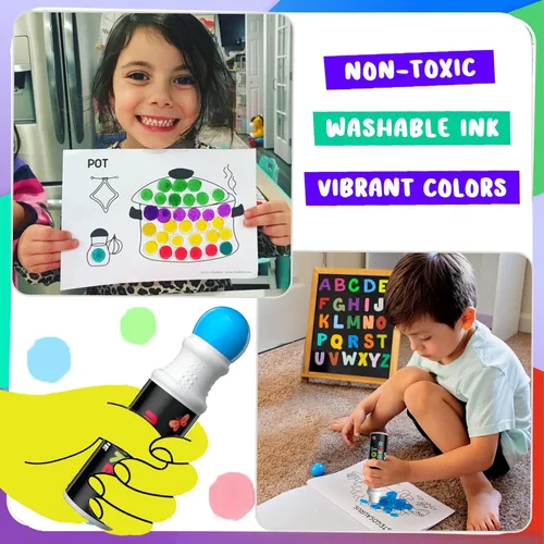 Vista 3 de Chalkola 6 Marcadores de Puntos Lavables para Niños Pequeños de 1 a 3 años Rotuladores de Bingo No Tóxicos para Niños Pequeños de 2 a 4 años