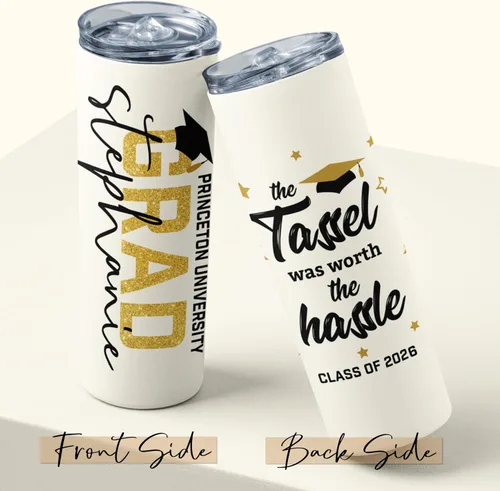Vista 2 de Regalos de graduación para ella, vaso delgado de graduación personalizado con popote, tapa, 20 onzas, 8 diseños, taza de café de graduación