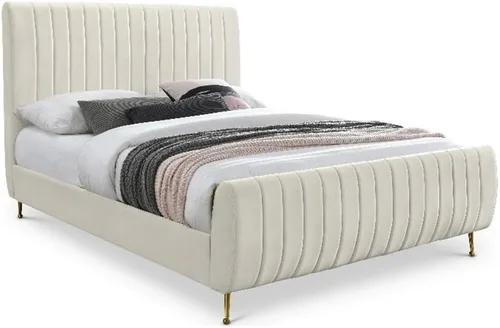 Vista 12 de Meridian Furniture Colección moderna Zara Cama tapizada de terciopelo contemporáneo con acolchonamiento de canal profundo y patas doradas a Crema