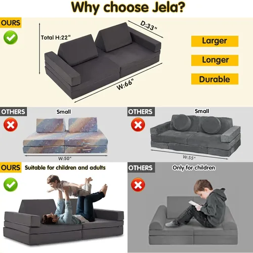 Vista 9 de jela Sofá de juego para niños, tamaño extendido, 8 piezas para la familia, sofá modular de espuma para niños y adultos, juego de casa