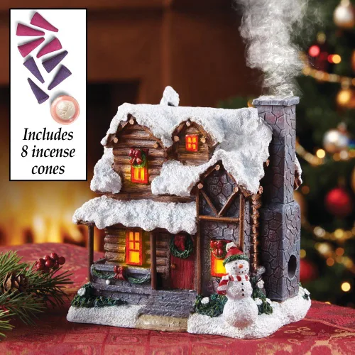 Vista 12 de Quemador de incienso con diseño de cabaña campestre en Navidad con humo de chimenea