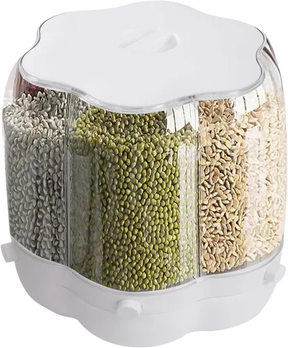 Vista 9 de Dispensador de granos giratorios de 6 rejillas, dispensador de cereales, dispensador de arroz giratorio de 360°, recipiente de arroz seco redondo