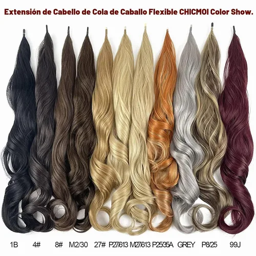 Vista 4 de Chicmoi Extensión de Cola de Caballo Negra de 32 Pulgadas Flexible, Envolvente, Extensiones de Cabello Ondulado Largo para Mujeres y Niñas, Cabello