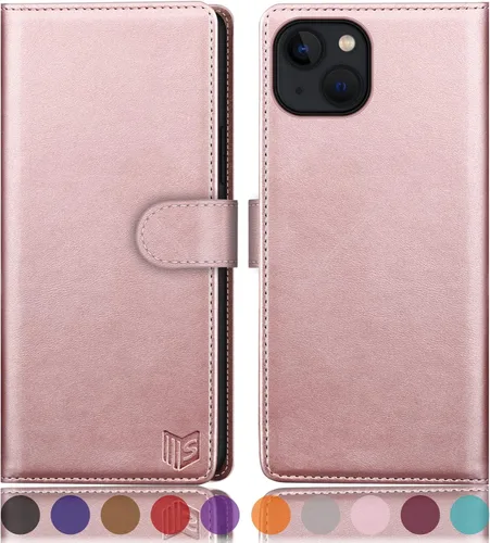 Vista 13 de SUANPOT Funda tipo cartera para iPhone 14 Plus de 6.7 pulgadas con bloqueo RFID, tarjetero de crédito, funda protectora de piel sintética con tapa