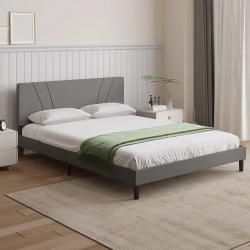 Vista 14 de Novilla Base de cama de tamaño matrimonial con plataforma de cabecera ajustable, base de cama matrimonial con cabecera tapizada de tela de lino,