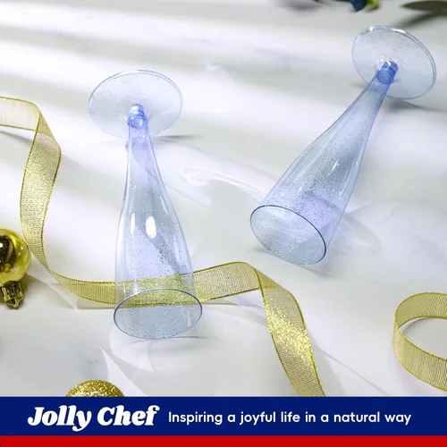 Vista 9 de JOLLY CHEF Paquete de 100 flautas de champán de plástico desechables de 4.5 oz, copas de champán de plástico con purpurina azul, adecuadas