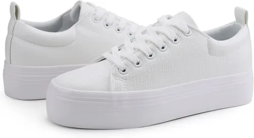 Vista 5 de JABASIC Zapatillas de plataforma con cordones para mujer, zapatillas casuales cómodas de moda para caminar Todo blanco