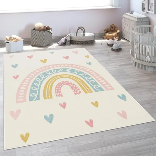 Vista 12 de Paco Home Alfombra de habitación infantil con arco iris y corazones en marrón beige, tamaño: 2'8" x 4'11