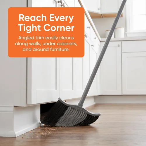 Vista 4 de Superio Escoba gris, escoba resistente para interiores y exteriores con mango de 48 pulgadas, limpieza de suelos multisuperficie para el hogar Gris