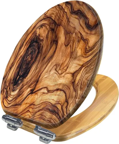Vista 9 de Asiento de inodoro alargado de madera de madera de madera de grano de madera de grano de secoya, tapa de cierre silencioso lento con bisagras