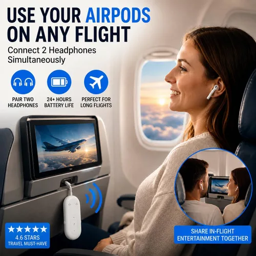 Vista 2 de Adaptador Bluetooth de avión para auriculares, transmisor de audio Bluetooth para AirPods o auriculares inalámbricos, transmisor receptor 2 en 1