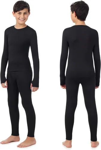 Vista 2 de Cuddl Duds Conjunto térmico con forro polar pesado para clima frío para niños, camisa de manga larga y leggings, pantalones largos para niños Negro