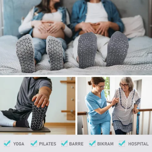 Vista 6 de Calcetines de yoga antideslizantes con agarres para pilates, ballet, barras, descalzo, calcetines antideslizantes de hospital para mujeres y hombres