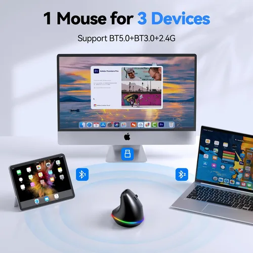 Vista 5 de TECKNET Ratón ergonómico inalámbrico recargable RGB – USB + Bluetooth Multi-dispositivo LED Vertical Mouse con 11 modos de retroiluminación RGB