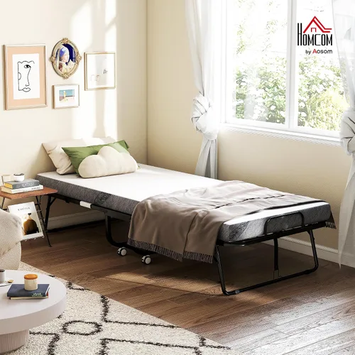 Vista 2 de HOMCOM Cama plegable con colchón para adultos, tamaño individual largo, cama plegable portátil con colchón de espuma de 4 pulgadas y marco de acero