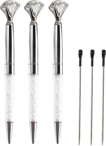 Vista 6 de Danse Jupe 3 bolígrafos de diamante de gran cristal, con 3 recambios, 0.039 in, tinta negra, suministros escolares de oficina, regalo para Navidad