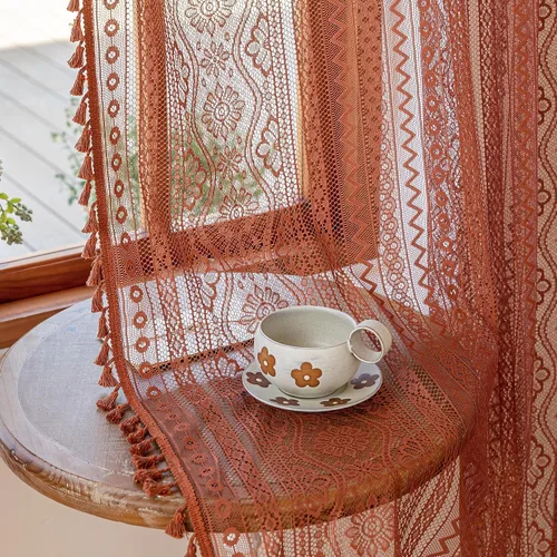 Vista 22 de MYSKY HOME Cortinas de encaje beige para puerta francesa de 40 pulgadas de largo, 2 paneles de cortinas florales bohemias transparentes para puerta