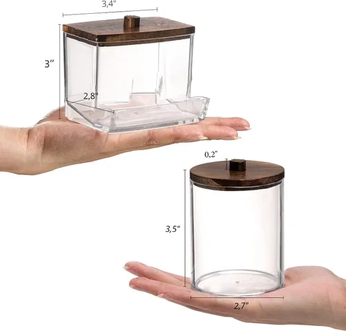 Vista 2 de Tbestmax Paquete de 4 contenedores Qtip para baño, dispensador de bolas de algodón/hisopos de 280/200 g, tarros de boticario con tapas de bambú