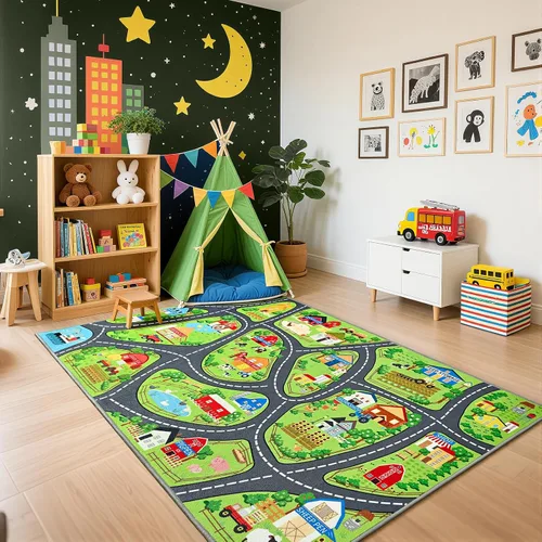 Vista 13 de Alfombras de juego de autos para niños, 36 x 60 pulgadas, tapete de juego de mapa de ruta urbano para jugar con autos, camiones, tapete de juego