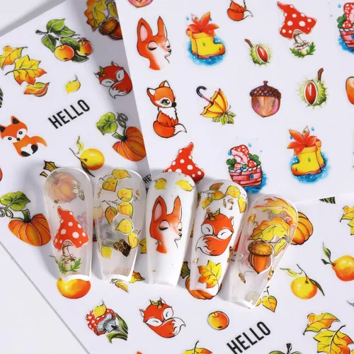 Vista 2 de 6 hojas de calcomanías de arte de uñas de otoño, calcomanías de hojas de arce, calcomanías autoadhesivas 3D, calcomanías de uñas de otoño, hojas