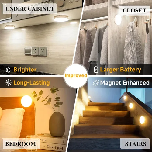 Vista 2 de Luz LED con sensor de movimiento mejorada para interiores, brillante y duradera Rechargeable Battery, Stick-On Motion Sensor Puck Night Lights for
