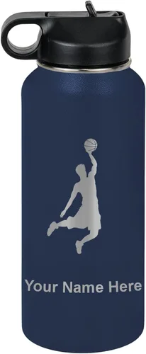 Vista 58 de LaserGram Botella de Agua Personalizada, Basketball Slam Dunk Man, Acero Inoxidable de Doble Pared con Aislamiento al Vacío con Pajita Abatible