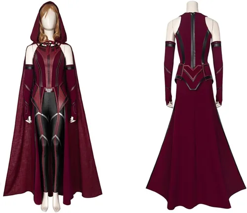 Vista 3 de Disfraz de Wanda Maximoff, vestido escarlata, corona de bruja, tocado, capa roja, pantalones, faja y guantes para Halloween, cosplay, conjunto
