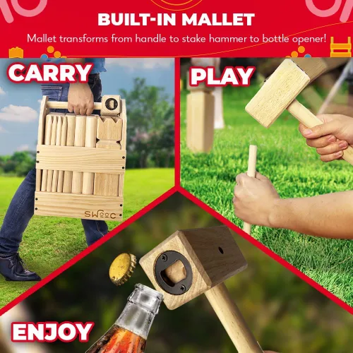 Vista 3 de SWOOC Games - Juego de Kubb Yard - Juego de ajedrez vikingo de madera dura premium con caja de madera - para adultos y niños - Juego de Kubb