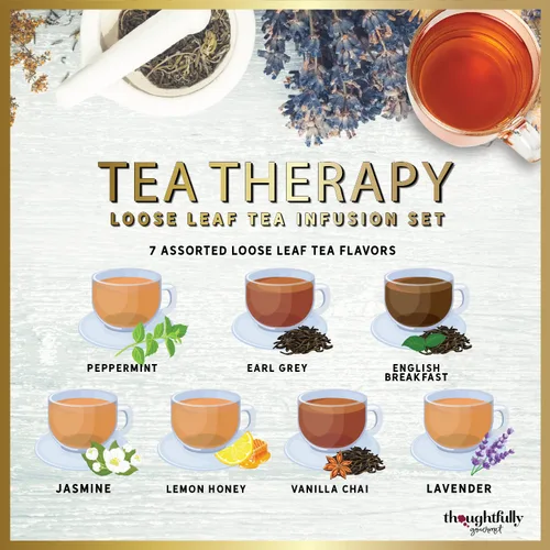 Vista 6 de Thoughtfully Gourmet, juego de regalo de infusión de terapia de té, 7 sabores únicos e infusor de bolas de cobre reutilizable, juego de té de hojas