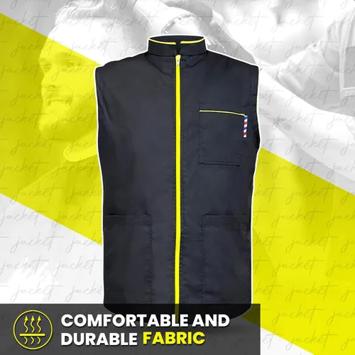 Vista 4 de Chaqueta profesional de peluquero para hombre, sin mangas, color negro, con 2 bolsillos para herramientas de peluquero y cremallera unidireccional