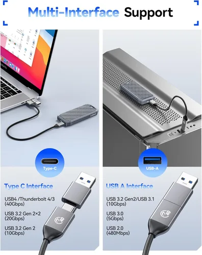 Vista 5 de ORICO Carcasa para SSD M.2 USB4 de 40 Gbps, soporta SSD M.2 NVMe de hasta 8 TB, funda de aleación de aluminio con aletas, cable USB-C a USB-A y C 2