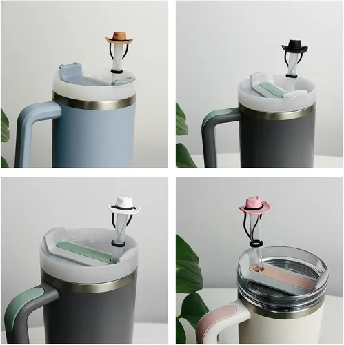 Vista 6 de HOMDSG Paquete de 4 cubiertas de pajita de sombrero de vaquero de silicona compatibles con la taza Stanley de 30 y 40 oz, lindo accesorio divertido