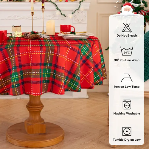 Vista 10 de Romanstile Mantel Redondo Navideño Rojo a Cuadros - 70 Pulgadas - Cubierta de Mesa a Cuadros Resistente al Agua y a las Manchas, Mantel de Poliéster