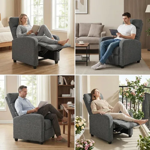 Vista 8 de Furnimart Silla reclinable manual pequeña para espacios compactos, chenilla sobrerelleno, cojín grueso, cómodo sofá reclinable individual