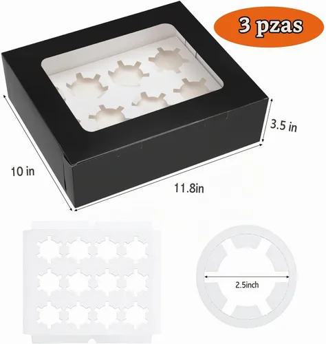 Vista 3 de Moretoes 3 cajas negras para cupcakes con ventana (12 contenedores para cupcakes)