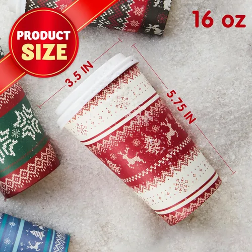 Vista 5 de JOYIN 24 piezas de vasos de papel desechables de Navidad, vasos de fiesta de Feliz Navidad de 16 oz con mangas y tapas, 4 diseños de vajilla