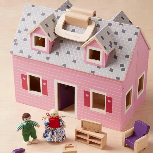 Vista 9 de Casa de muñecas de madera Fold and Go de Melissa & Doug con 2 muñecas y muebles de madera