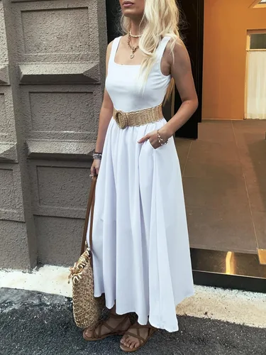 Vista 3 de MIEAZOM Vestido largo de verano para mujer, sin mangas, con vuelo, casual, holgado, con bolsillos