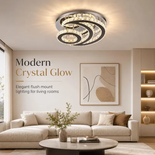 Vista 7 de Lámpara de techo LED moderna de 15.7 pulgadas, lámpara de araña de cristal de montaje empotrado, lámpara moderna con forma de luna redonda para sala