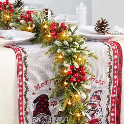 Vista 2 de Guirnalda de Navidad preiluminada de 6.5 pies con luces, guirnalda de olivo verde artificial con bayas rojas, funciona con pilas, guirnalda de pino