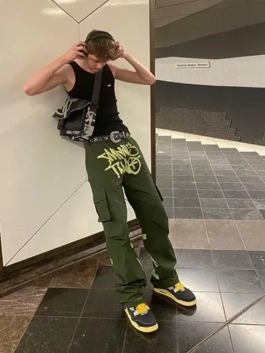 Vista 4 de KOBPT Minus Two - Pantalones cargo para hombre Y2K, overoles de cintura alta, pantalones holgados de hip hop rock, pantalones deportivos sueltos