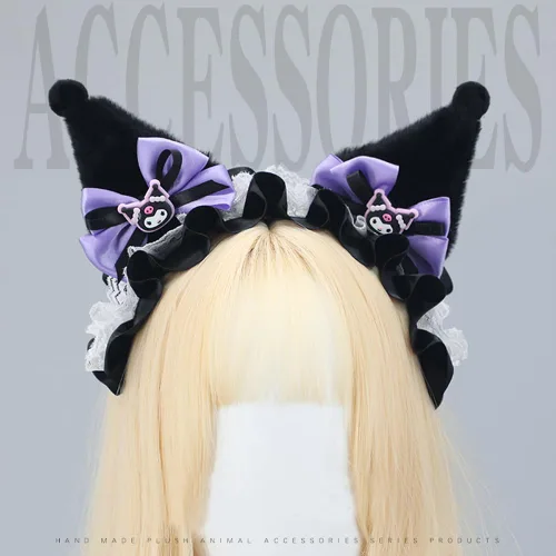 Vista 4 de Kuromi - Diadema con lazos y cintas de encaje, diadema de Lolita para disfraz de dibujos animados, fiesta de cosplay para niños y mujeres y niñas