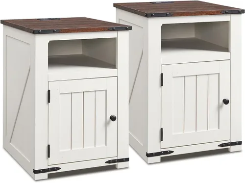 Vista 9 de IFGET - Mesita de noche con estación de carga, mesa auxiliar de 20" estilo granja con puerta de granero, mesa de sofá rústica de madera para cama