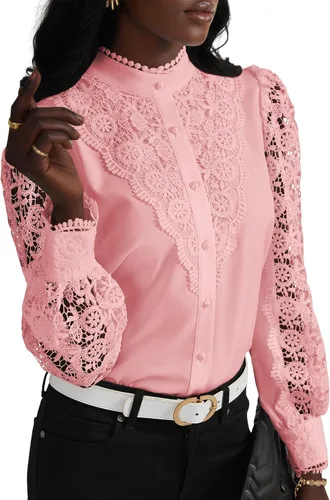 Vista 31 de Rooscier Blusa Elegante de Encaje de Crochet con Cuello Alto Simulado de Manga Larga con Botones para Mujer Top