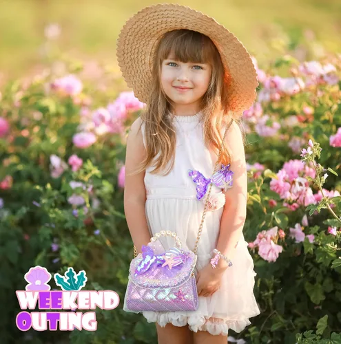 Vista 6 de LSSAGOON Bolso para niñas pequeñas, bolso con juego de joyas para niños, mini bolso cruzado de perla, regalos para cumpleaños y Navidad, Púrpura