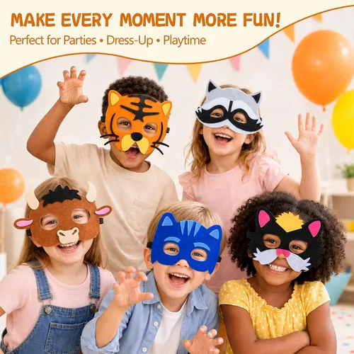Vista 6 de Máscaras de fieltro para niños, máscaras de fiesta de cumpleaños, suministros de máscaras, máscaras de Halloween 12 máscaras-B