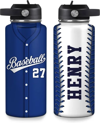 Vista 12 de Hyturtle Botella de agua de béisbol personalizada, botella de acero inoxidable aislada de viaje con tapa a prueba de fugas, 18 onzas, 32 onzas