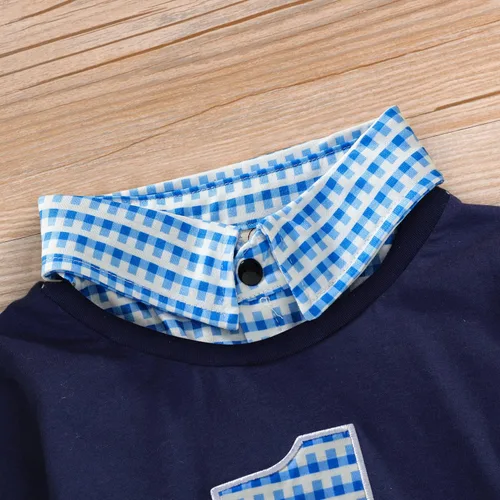 Vista 5 de Mameluco de manga larga para bebé niño, para primer cumpleaños, a cuadros, cuello alto