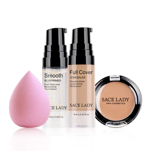 Vista 8 de Corrector Impermeable de Cobertura Completa con Juego de Esponja con Primer, Base Líquida Cremosa Suave Mate Impecable Kit de Maquillaje Corrector